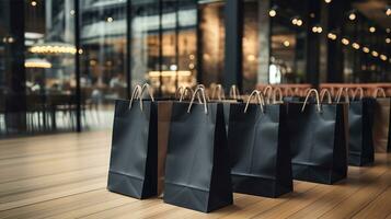 Preto compras bolsas em a chão dentro uma compras Centro. Preto Sexta-feira humor, descontos e vendas conceito. ai gerado foto