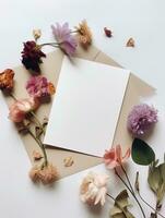 vertical topo Visão em branco cartão com flores abstrato orgânico flores florescendo floral em branco fundo para convite cartão foto