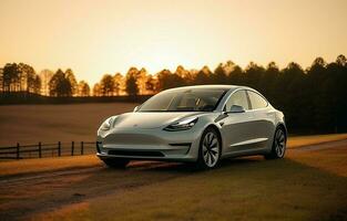 nc Raleigh nós, 17 abril 2020 uma novo em folha Tesla modelo 3 totalmente elétrico carro viajando sobre uma rural rota. ai generativo foto