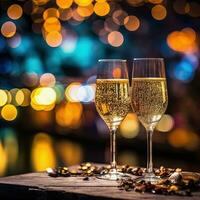 Novo anos véspera festa champanhe flautas em colorida bokeh fundo ai gerado foto