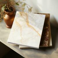 branco e quadrado caderno em uma mármore fundo foto