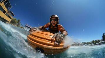 homem dentro capacete equitação em a laranja inflável barco dentro a mar. extremo água tubo durante verão período de férias. foto