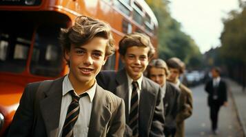 grupo do jovem britânico alunos crianças perto ônibus escolar às Inglaterra. foto