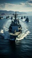 militares forro às mar com helicópteros e navios de guerra foto