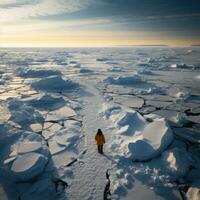 solitário explorador em pé em grande gelo floe foto