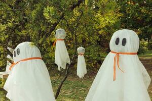 dia das Bruxas faça você mesmo fantasmas decoração suspensão em árvore. outono ao ar livre decoração Ideias foto
