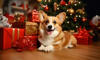 adorável feliz corgi cachorro com presentes e apresenta debaixo Natal árvore ai gerado foto