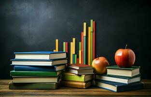 livros em a mesa contra uma pano de fundo do quadro-negro gráficos e gráficos representando crescimento e cair. escola do o negócio Educação. ai generativo foto