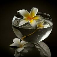 solteiro frangipani dentro perfumado água Preto fundo. ai generativo foto