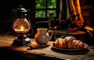 uma querosene luminária e uma de madeira mesa com uma café e croissant para café da manhã dentro rural Itália. ai generativo foto