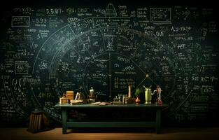 científico fórmulas e cálculos dentro física, matemática, e elétrico circuitos estão escrito em uma quadro-negro. fundo dentro Ciência e Educação. ai generativo foto