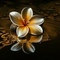solteiro frangipani dentro perfumado água com ouro cor fundo. ai generativo foto