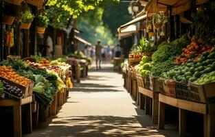 a rua do orgânico Comida mercados. Mercado baias vendendo frutas e legumes. ai generativo foto