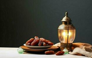 de mesa imagem do Ramadã kareem decoração, datas fruta, Aladim lâmpada, e rosário miçangas em Sombrio pedra fundo. cópia de espaço dentro uma plano deitar. ai generativo foto