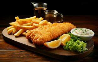 em uma de madeira mesa, uma tradicional Inglês jantar do peixe e salgadinhos é apresentado com francês fritas. ai generativo foto