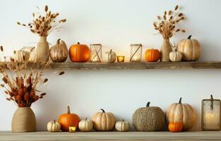 outono decorações em uma madeira estante com uma branco parede bandeira fundo. cor de outono velas e vasos, Como bem Como uma abóbora sinal.ai generativo foto