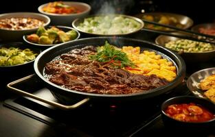 vários lado pratos e galbi sopa dentro uma quente Panela. ai generativo foto