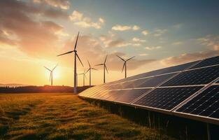 a geração do sustentável verde energia usando solar energia painel fotovoltaico células e vento turbina fazendas é uma amigáveis empreendimento. conceito do limpar, sustentável desenvolvimento. ai generativo foto