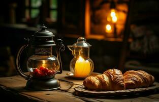 uma querosene luminária e uma de madeira mesa com uma café e croissant para café da manhã dentro rural Itália. ai generativo foto