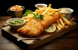 em uma de madeira mesa, uma tradicional Inglês jantar do peixe e salgadinhos é apresentado com francês fritas. ai generativo foto