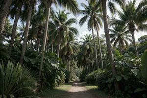 sereno tropical selva com exuberante Palma árvores ai gerado. foto