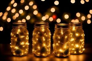 festivo brilho cativante Natal pedreiro jarra lanternas. ai gerado. foto