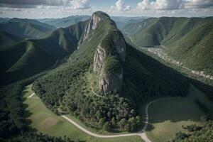 majestoso montanha panorama com exuberante verde árvores ai gerado. foto