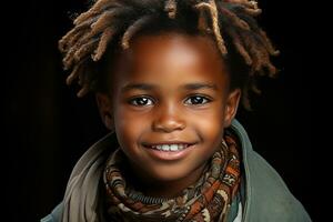 ai gerado estúdio retrato do fofa pequeno africano Garoto em diferente cor antecedentes foto