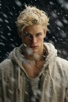 ai gerado retrato do bonito sorridente homem em pé debaixo a nevando foto