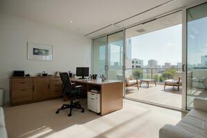 lustroso e à moda uma moderno escritório espaço banhado dentro natural claro. ai gerado. foto
