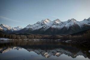 sereno Nevado panorama com refletindo rio. ai gerado. foto