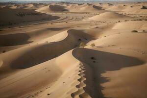 grande dourado areias uma Sol encharcado deserto panorama. ai gerado. foto