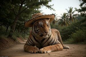 a majestoso tigre uma chapéu do a selvagem. ai gerado. foto