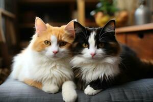 Preto e branco gato em sofá juntos laranja gato gordo. generativo ai foto