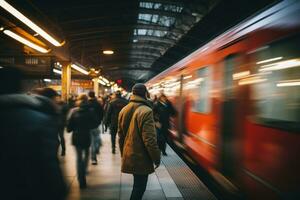 homem ficar de pé esperando trem dentro metrô velozes em movimento. generativo ai foto