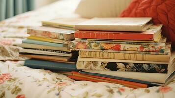 relaxar e descontrair criando uma hora de dormir recanto com livros em a cama foto