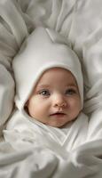 suave serenidade recém-nascido relaxante em branco cobertor. ai gerado conteúdo foto