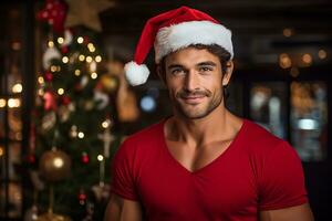 ai gerado retrato do bonito sorridente homem dentro santa claus vestindo foto