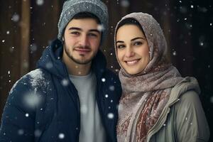 ai gerado retrato do lindo sorridente jovem casal homem e mulher em pé debaixo nevando foto