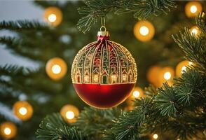 decorado Natal árvore com bola, Sino e muitos mais. ai generativo foto