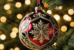 Natal celebração com decorado bola, Sino, e árvore. ai generativo foto