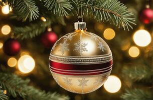 Natal celebração com decorado bola, Sino, e árvore. ai generativo foto