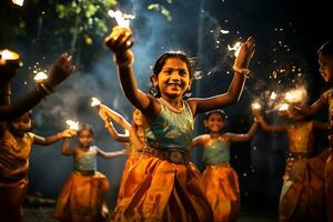 indiano diwali a comemorar com diya iluminação. família, garotas, crianças todos feliz momentos. ai generativo foto