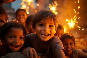 indiano diwali a comemorar com diya iluminação. família, garotas, crianças todos feliz momentos. ai generativo foto