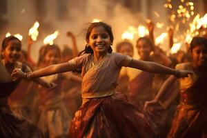 indiano diwali a comemorar com diya iluminação. família, garotas, crianças todos feliz momentos. ai generativo foto