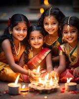 indiano diwali a comemorar com diya iluminação. família, garotas, crianças todos feliz momentos. ai generativo foto