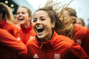 espanhol fêmea futebol jogador a comemorar uma vitória. ai generativo foto