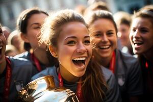 espanhol fêmea futebol jogador a comemorar uma vitória. ai generativo foto