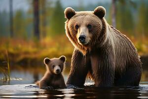 grisalho Urso mãe e filhotes. hd qualidade navalha afiado imagens. ai generativo foto