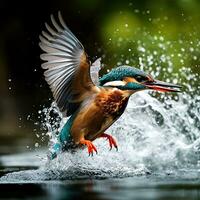 adulto masculino comum martinho pescatore emergente a partir de água com peixe. ai generativo foto